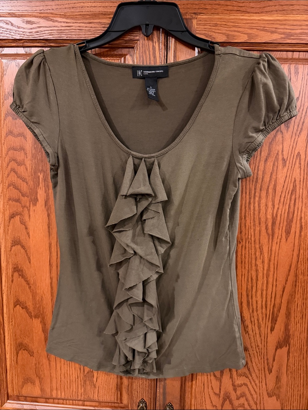 INC International Concepts Olive Ruffle Front Short Sleeve Tee
